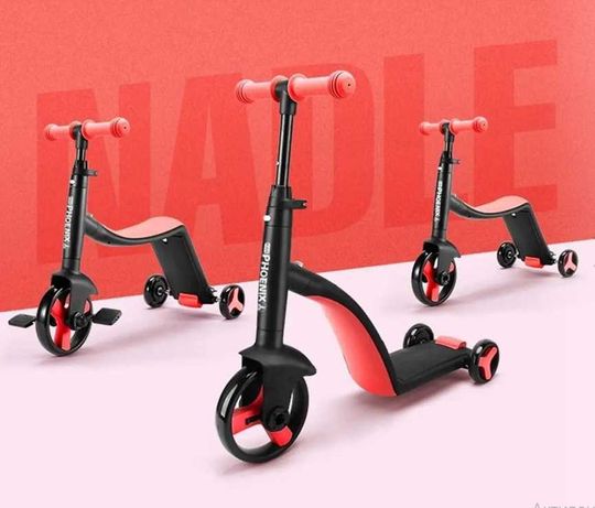 Самокат-беговел-скутер-велосипед scooter 3в1 с педалями красный