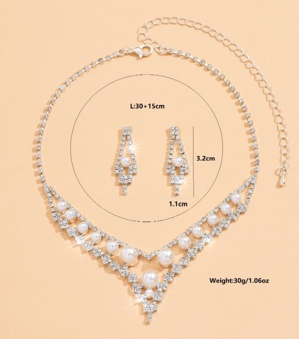 Komplet Biżuterii Perły Kolczyki Naszyjnik Ślub Srebrny Cyrkonie  B8