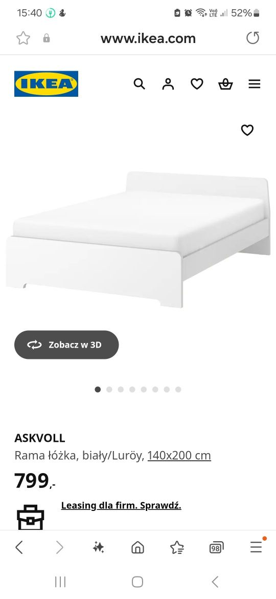 Łóżko  białe Ikea Askovoll 160x200 ze stelażem i materacem