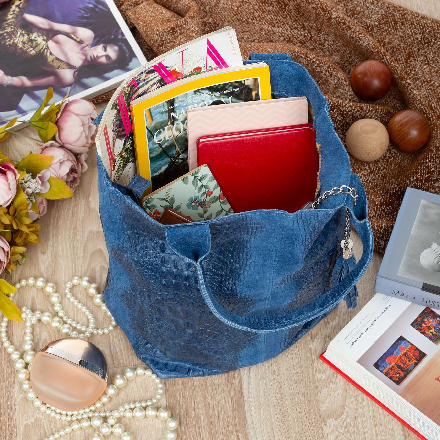 VERA PELLE torebka zamszowa shopper kroko na ramię V141 c.jeansowa