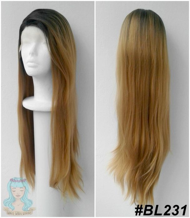 Lace Front blond złota peruka z odrostem ombre prosta długa wig