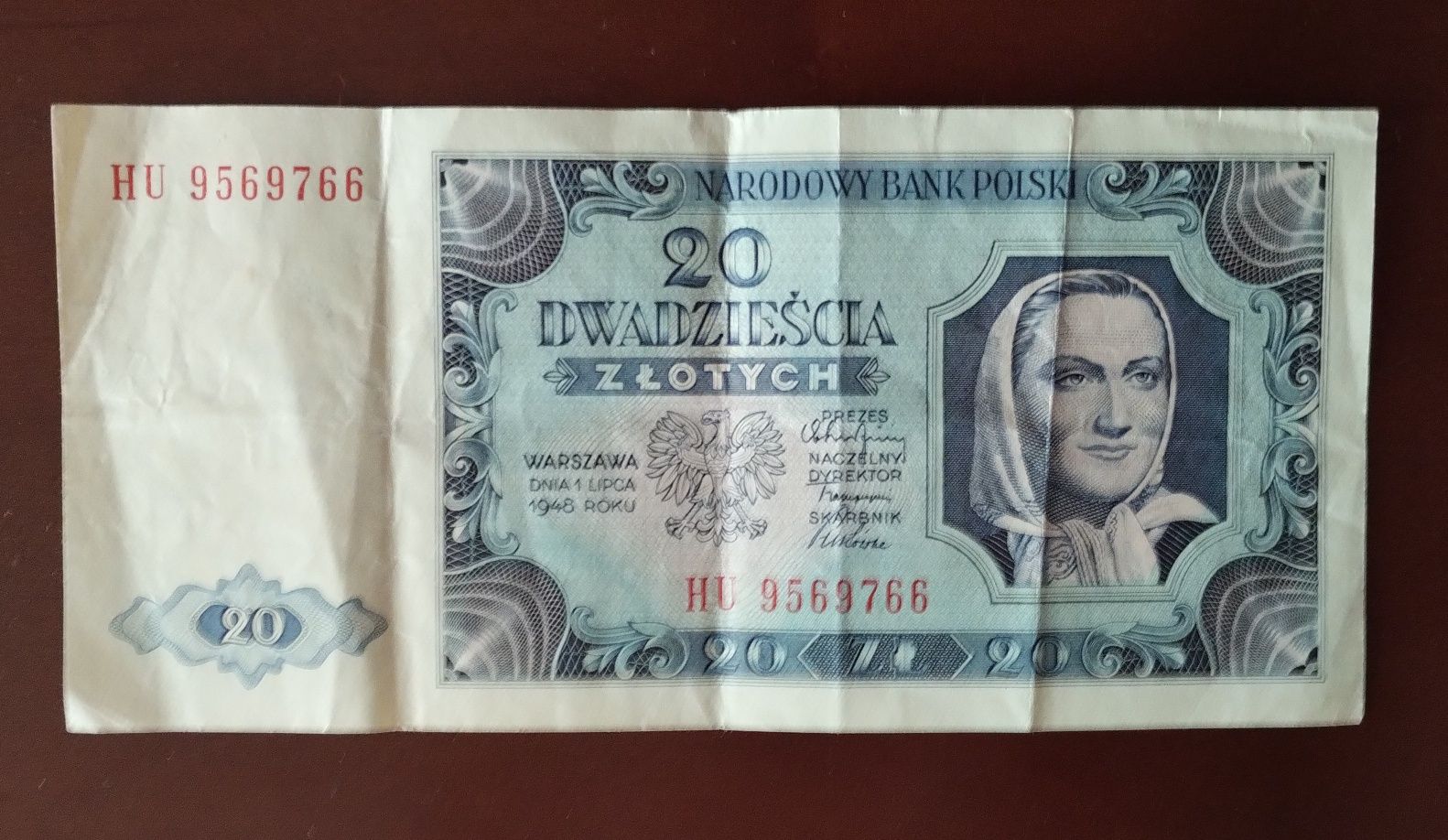Banknot 20 zł 1948 PRL seria HU żniwiarka