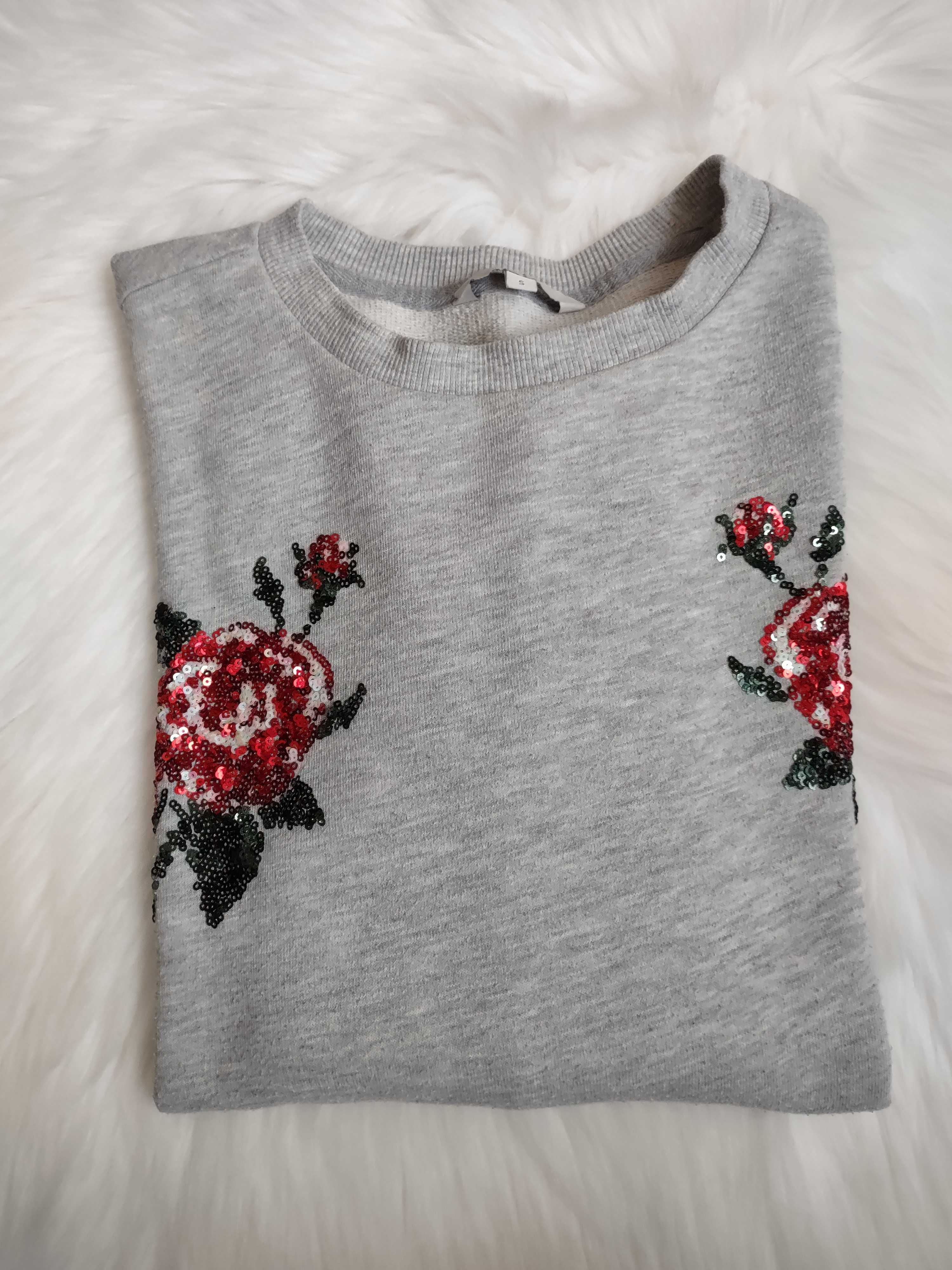 Szara bluza z cekinowymi różami rozmiar S/M bawełna