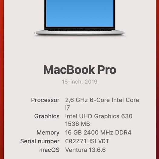 MacBook Pro 15 de 2019 Intel i7 6 Core 16 GB RAM 500GB SSD