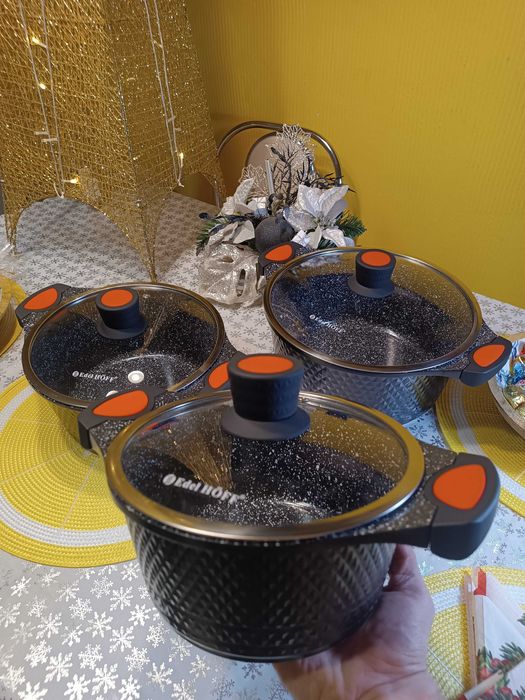 Zestaw ciężkich garnków marmurowo-ceramicznych na gaz indukcję
