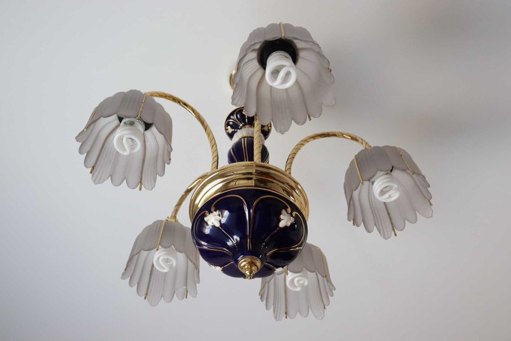 2 Candeeiros de Teto com Pormenores em Azul Cobalto e Dourado -Vintage