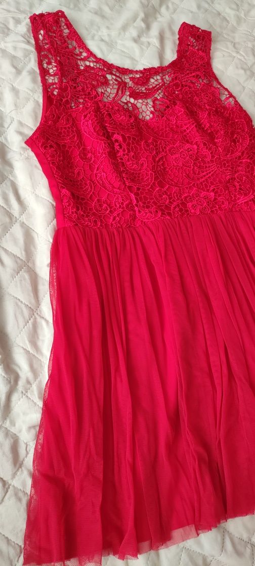 Sukienka suknia czerwona koronka gipura ażur tiul r.L