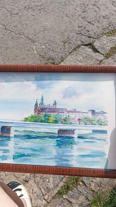 Obraz Wawel Kraków malowany akwarela PRL vintage