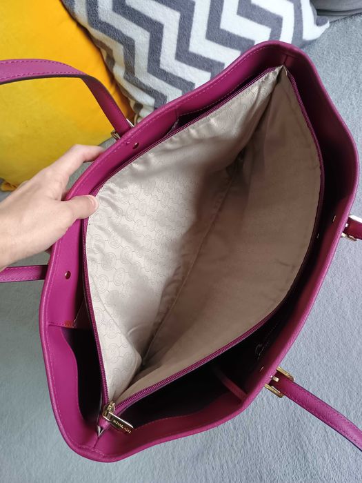Oryginalna skórzana duża, pojemna torba shopper MK Michael Kors fuksja