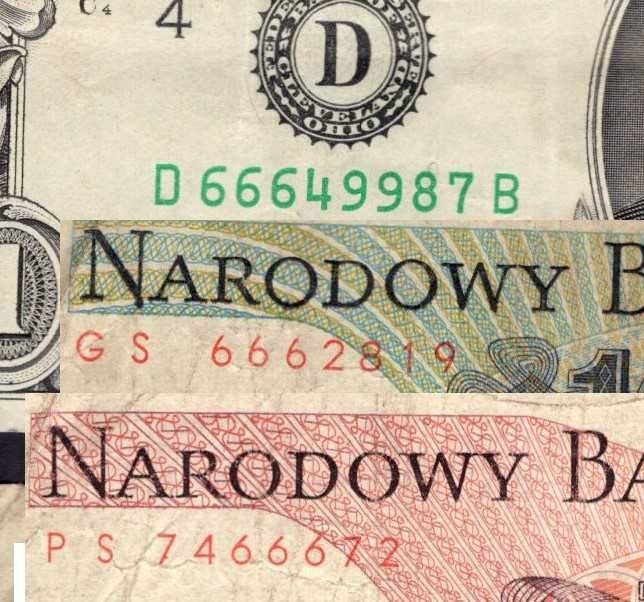 Banknoty 1 Dolar 1981, 100 Złotych '88, 1000 Złotych '82 z numerem 666