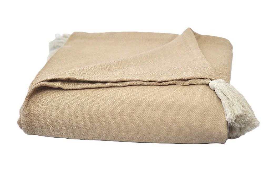 Pled koc narzuta Zoja 160x200 beż minimalistyczna boho bawełna chwosty