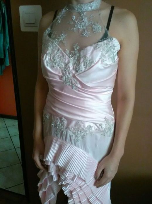 Suknia ślubna cywilny, balowa pudrowy ròż asymetryczna