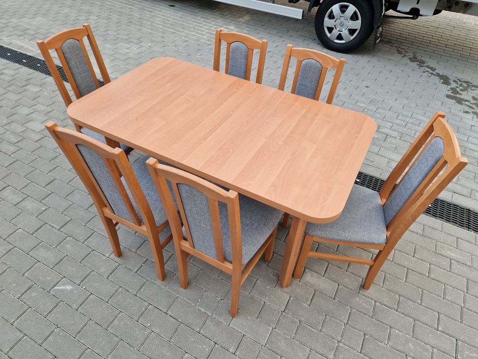 Nowe: Stół 80x140/180 + 6 krzeseł, olcha + szary, dostawa PL