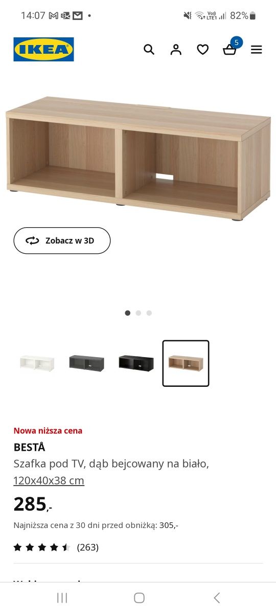 Besta szafka rtv ikea pod tv 120x40x38 dąb bejcowany na biało