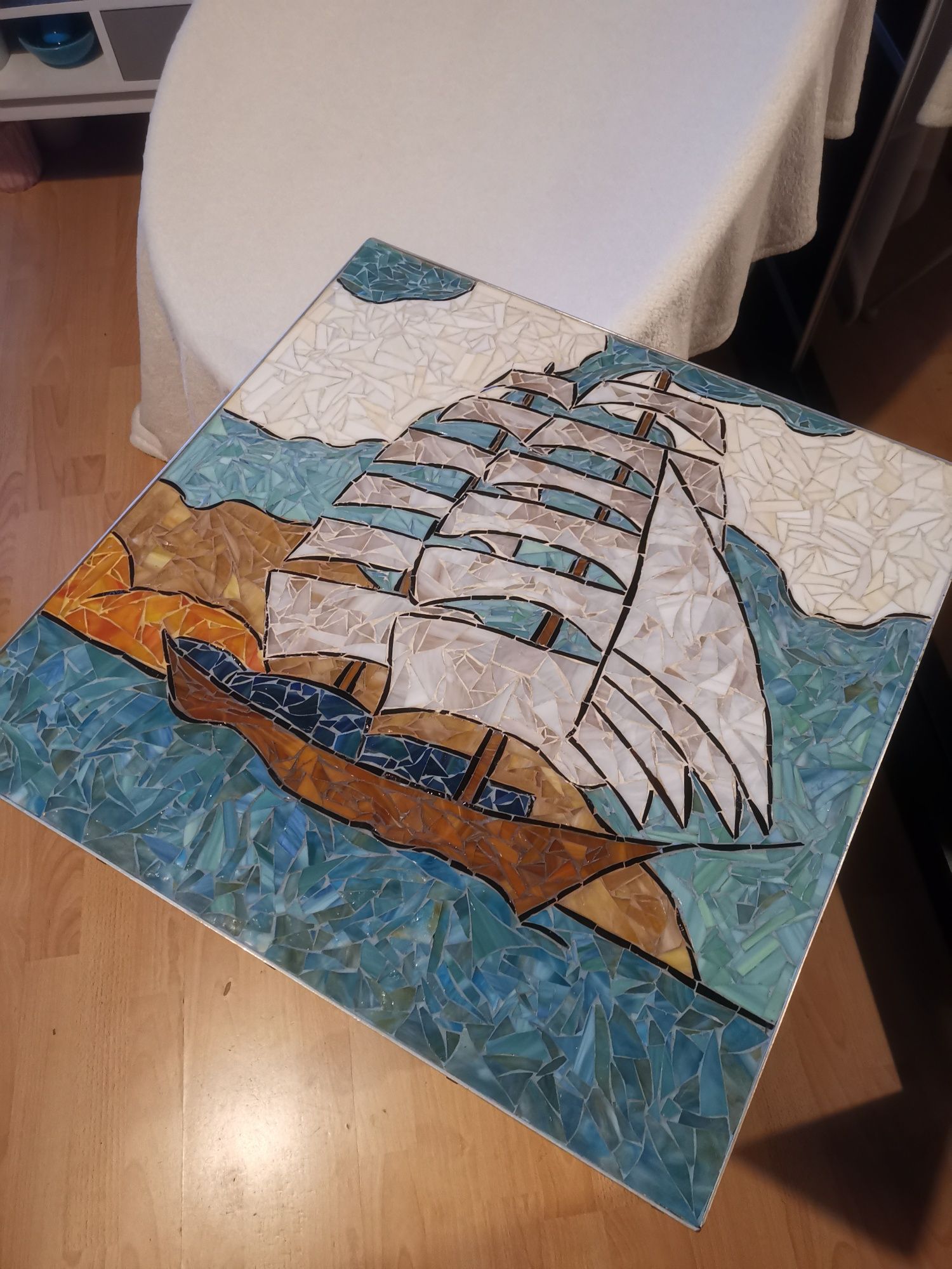 Stolik kawowy handmade szkiełka ceramiczne statek