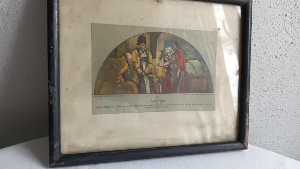 Stary obrazek w ramce drewnianej+ szkło