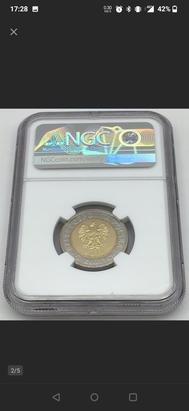 5 złotych 2014r grading NGC Ms67 25 lat wolności