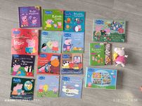 Peppa książki puzzle, magnesy, pluszak oraz gratis