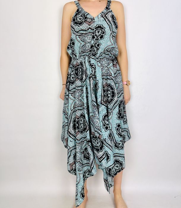 Niebieska asymetryczna sukienka na ramiączkach w ornament S 36 H&M