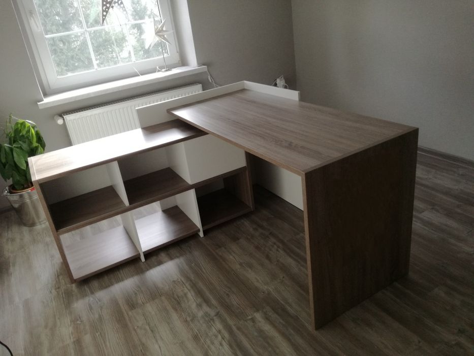 Biurko z regałem 120×120 biały dąb truflowy