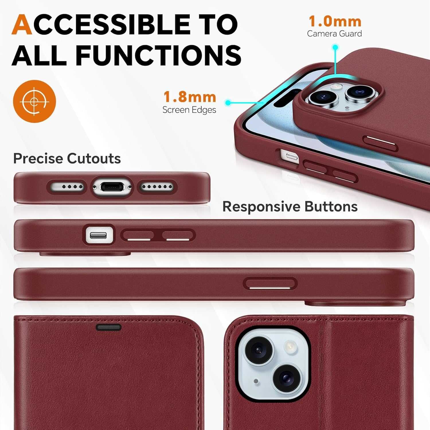 TUCCH iPhone 15 Plus etui skórzane magnetyczne bordowe Portfel  2w1
