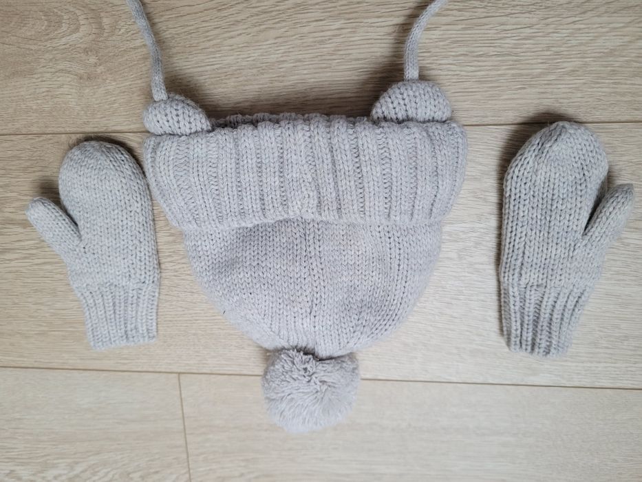 Komplet czapka uszatka+rękawiczki h&m rozm. 74/80 SUPER STAN +gratis