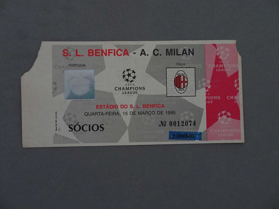Bilhete de futebol Benfica - Milan Champions League  1995