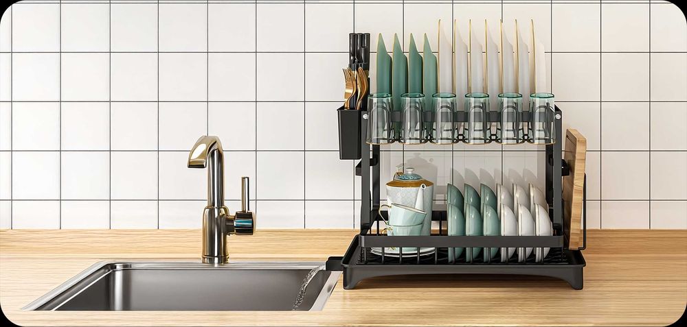 suszarka do naczyń ociekacz z tacką stojąca dwupoziomowa metalowa