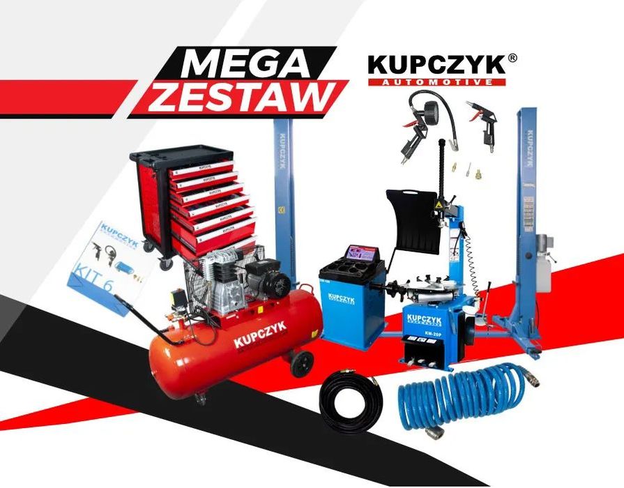 Zestaw Wulkanizacja Podnośnik Montażownica Wyważarka Kompresor Kupczyk