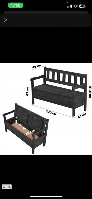 Ławka KADAX (1 lub2szt) ogrodowa ze skrzynią i oparciem. 120 cm czarna