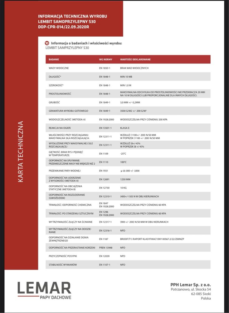 Papa podkladowa samoprzylepna LEMBIT SAMOPRZYLEPNY S30 SBS -25*C (10m2