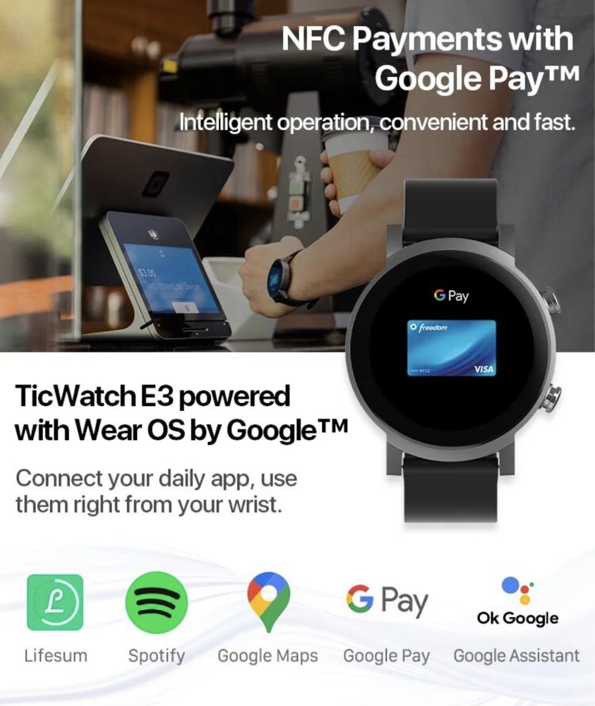 Смарт-годинник MOBVOI Ticwatch E3 1.3", GPS, NFC, підтримка Google Pay