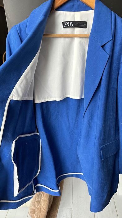 Льняний синій піджак Zara, XS, жакет, електрик
