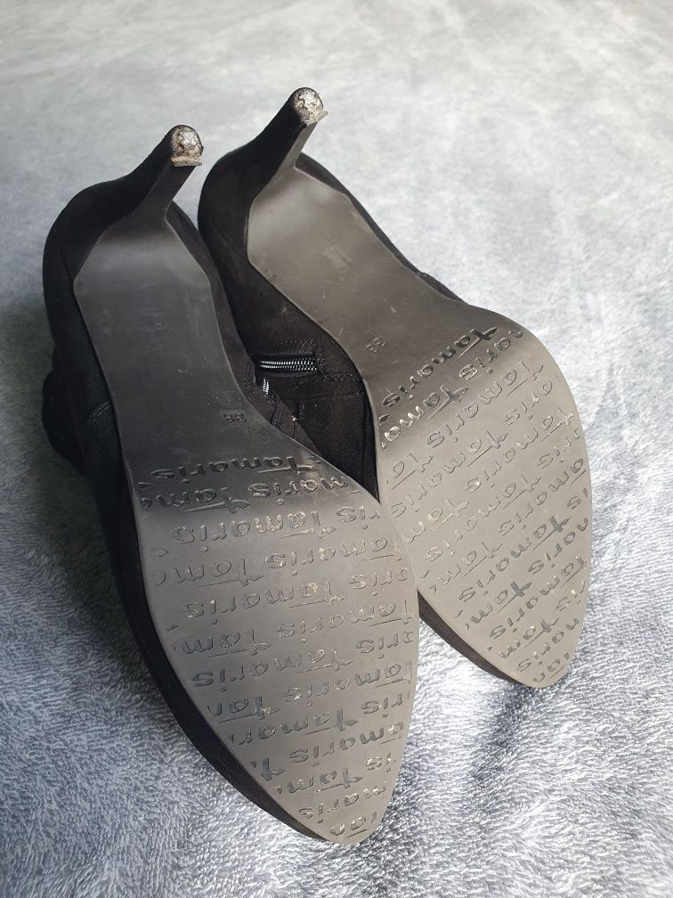 Buty zamszowe botki za kostkę szpilki czarne ażurowe Tamaris r. 38