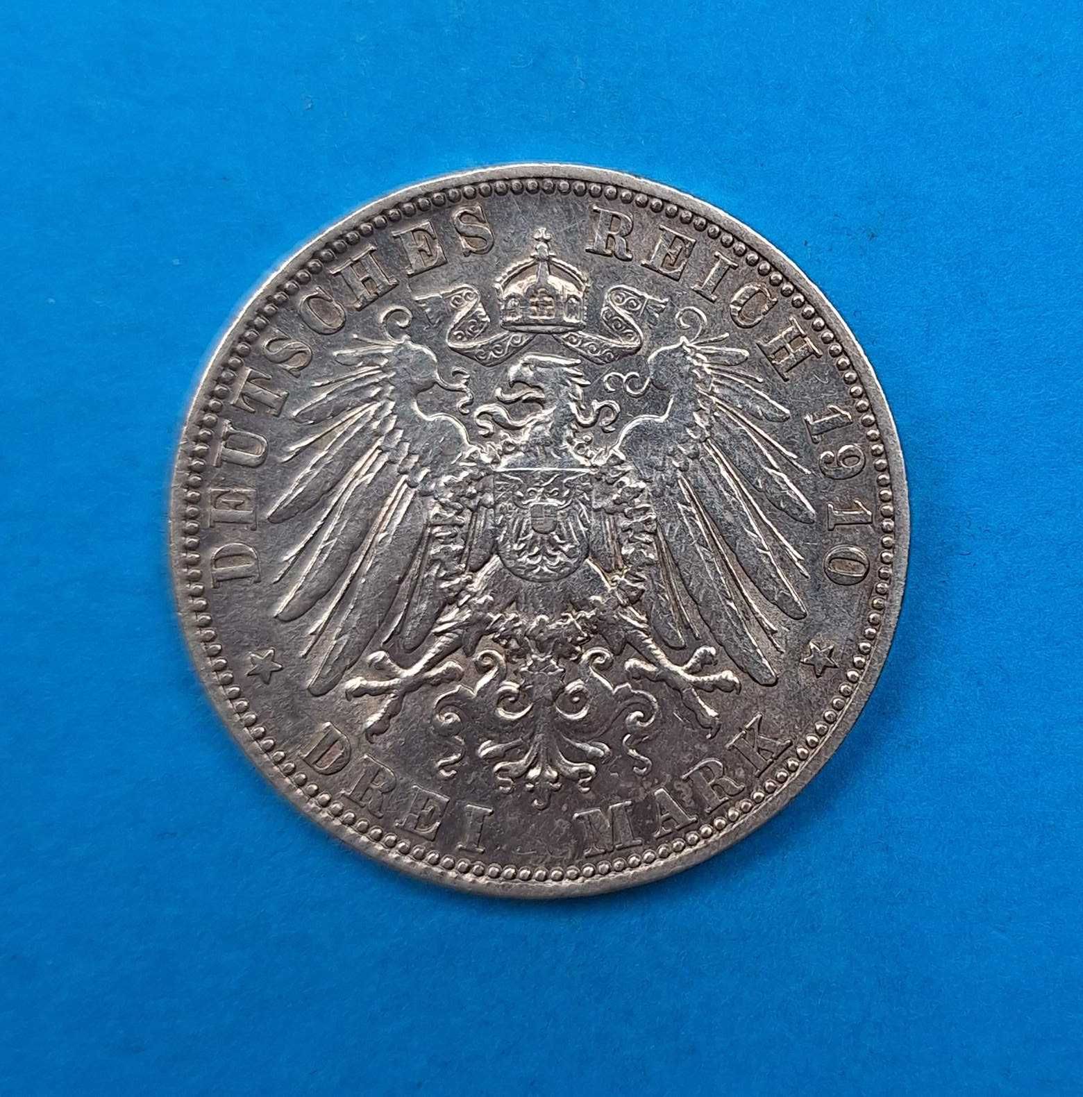 Niemcy Cesarstwo, Bawaria 3 marki 1910, Otto I, bdb stan, srebro 0,900