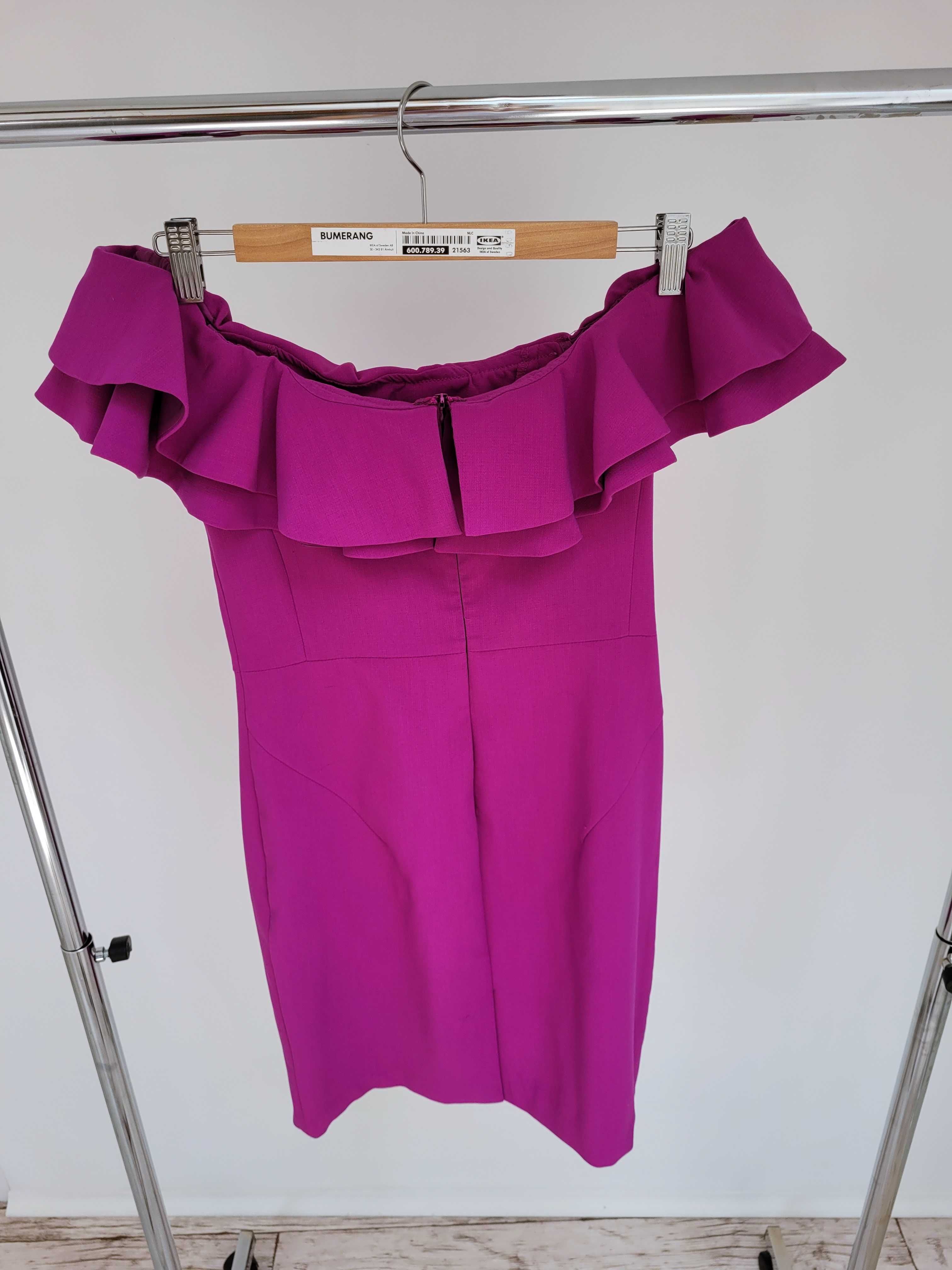 Fioletowa sukienka koktajlowa odkryte ramiona święta sylwester wesle