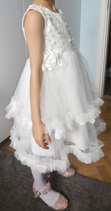 Sukienka biała tiul cekiny perełki wesele chrzest komunia bal piękna