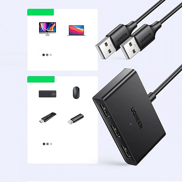 Ugreen przełącznik adapter switch box USB 2 wejścia - 3 wyjścia czarny