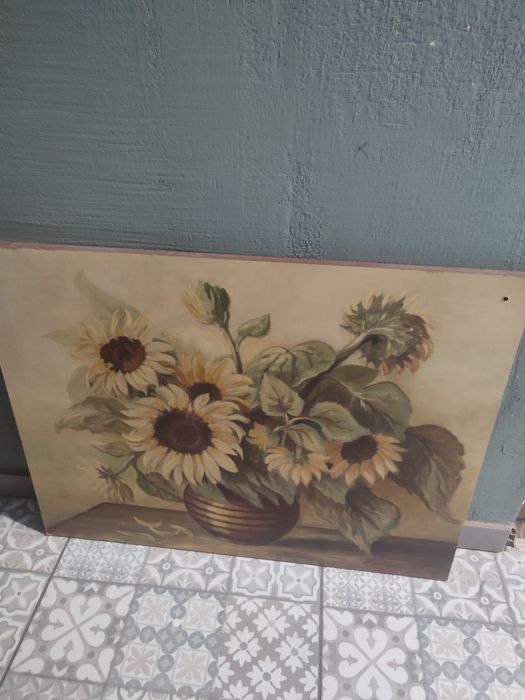 Obraz słoneczniki malowany na desce vintage