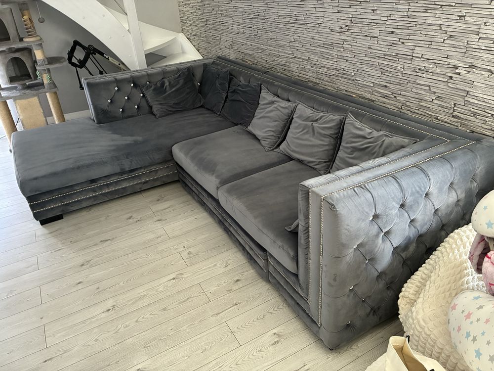 Narożnik tapicerowany elegancki welurowy glamour pikowany funkcja span