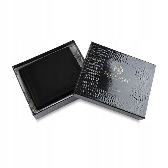 Skórzany Portfel Męski Betlewski HARRY RFID Slim Czarny Logo