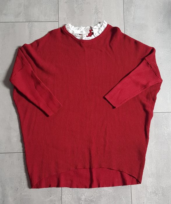 Czerwony bordowy świąteczny sweter z białym kołnierzem oversize S M