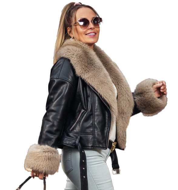 KURTKA Skórzana Damska FUTERKIEM OCIEPLANA Eko skóra Zimowa Ramoneska