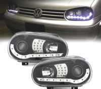 FARÓIS COM LUZ DIURNA LED PARA VOLKSWAGEN VW GOLF 4 MK IV 97-03 FUNDO PRETO + CROMADO