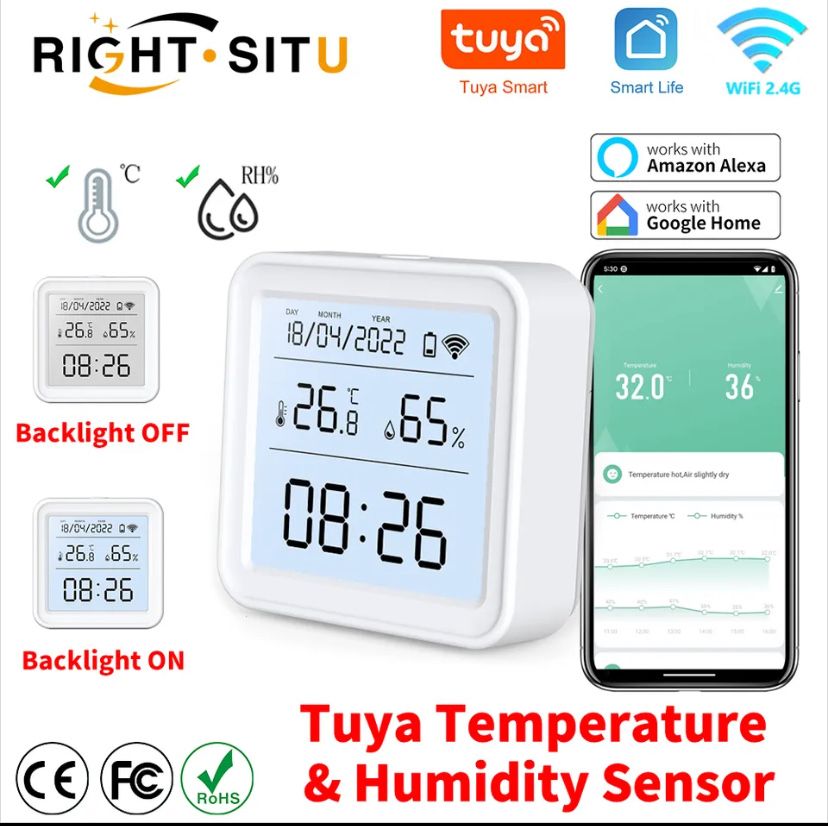 5в1 Термометр гігрометр часи нічник Tuya Smart Life (Wi-Fi температури
