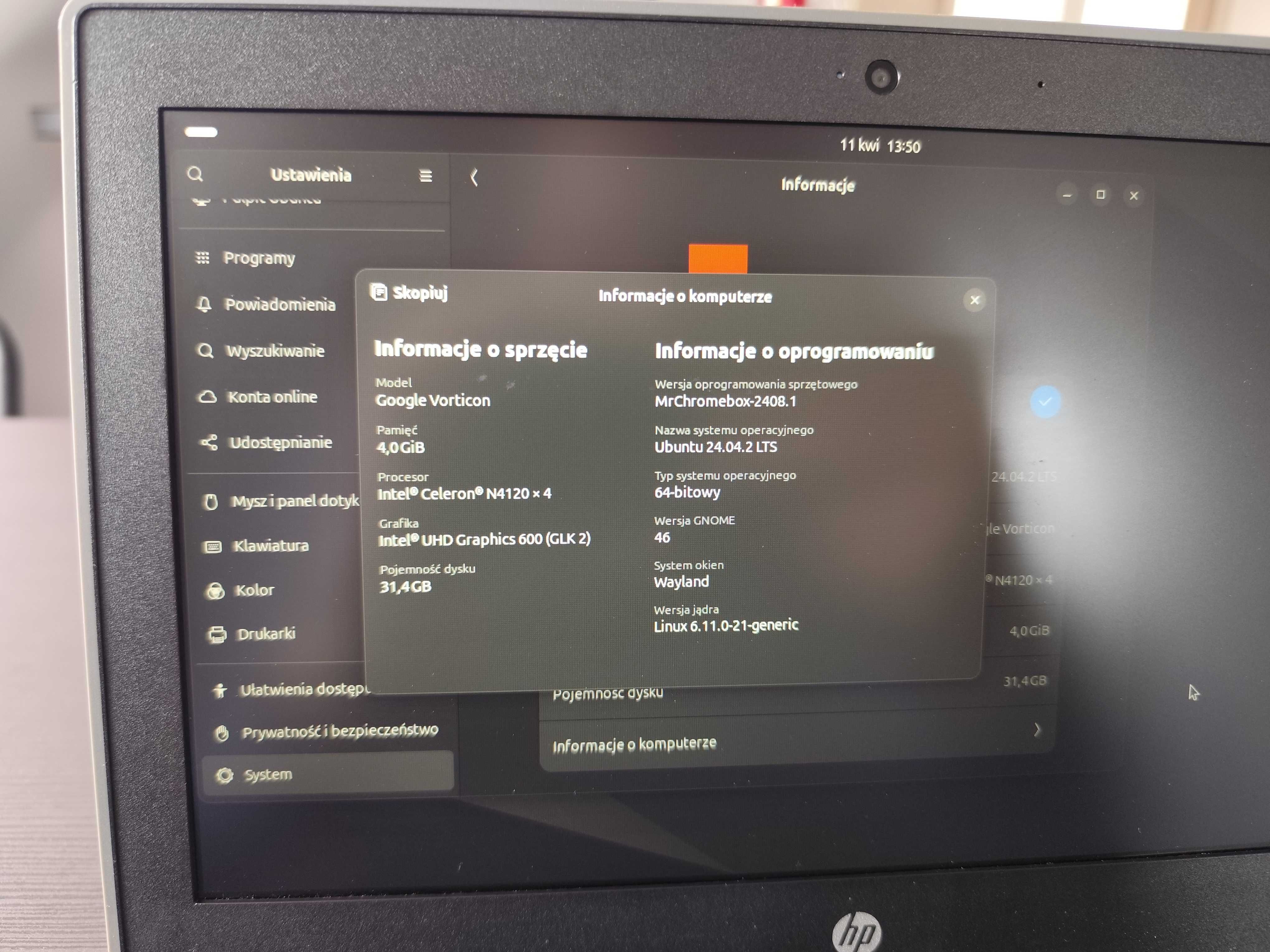 HP 11 G8 EE Celeron N4120 4GB 32GB - Windows/Linux - stan bardzo dobry