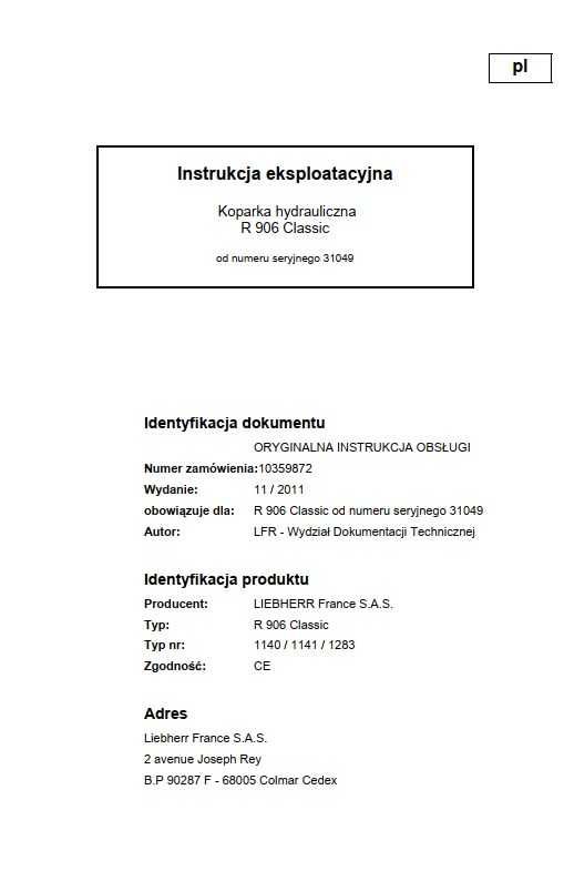 Instrukcja obsługi ładowarka Liebherr R 906 PL