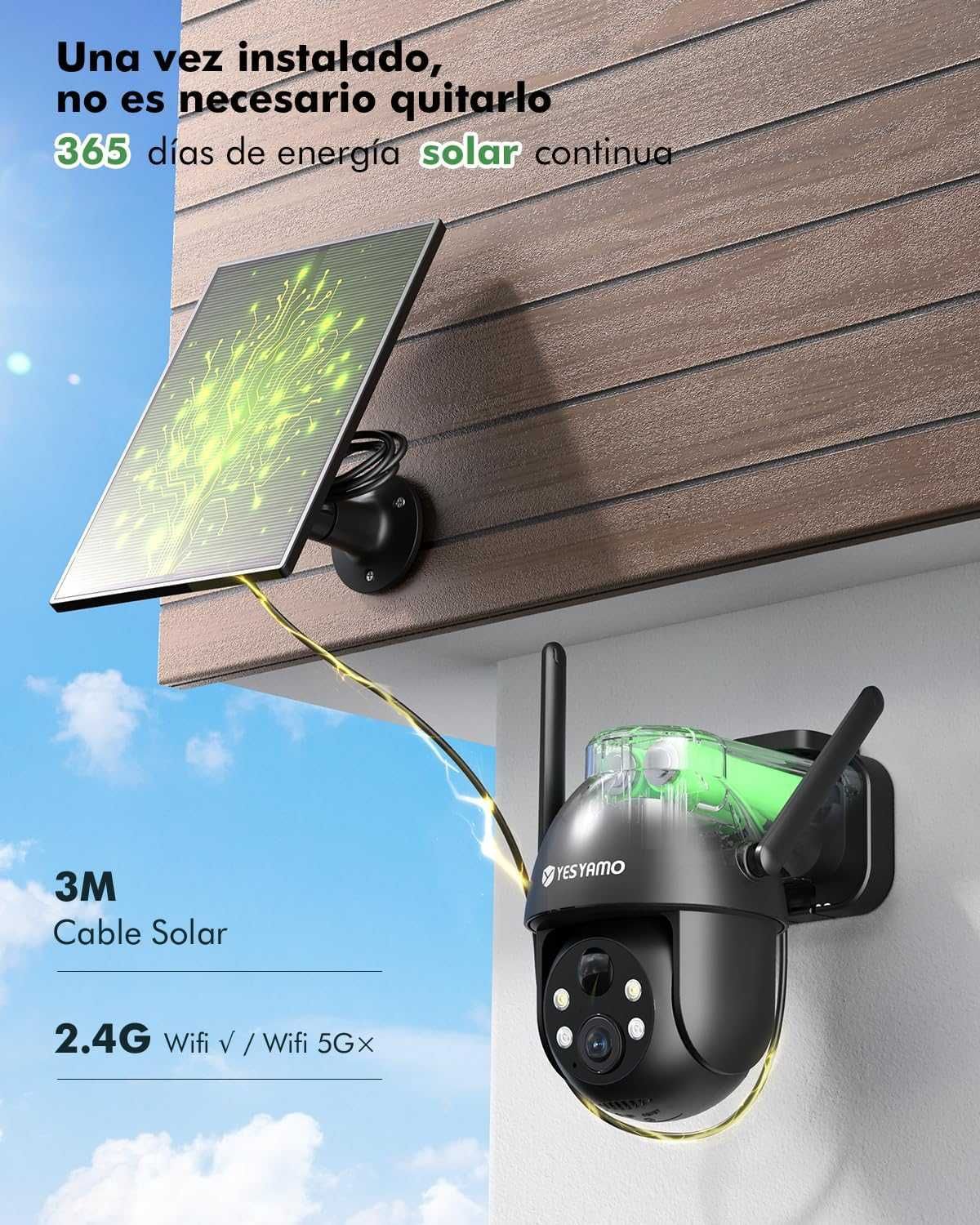 Câmera vigilância 360º WiFi com painel solar e bateria.