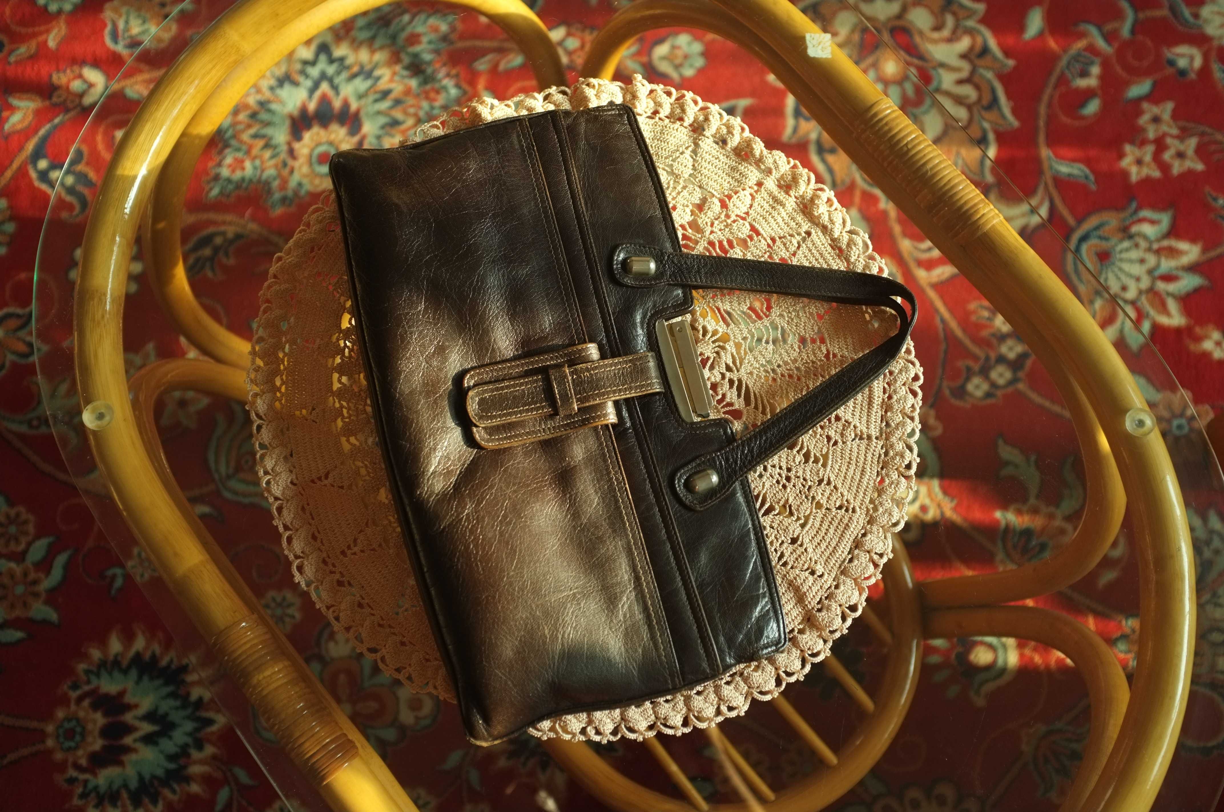 brązowa skórzana torebka real vintage lata 50te 60te do ręki