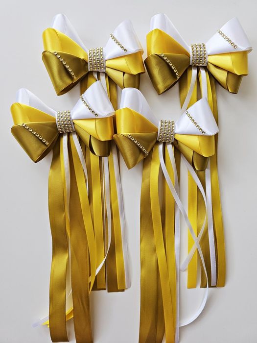 Kokardy do dekoracji samochodu państwa młodych - 4 szt żółto złot...